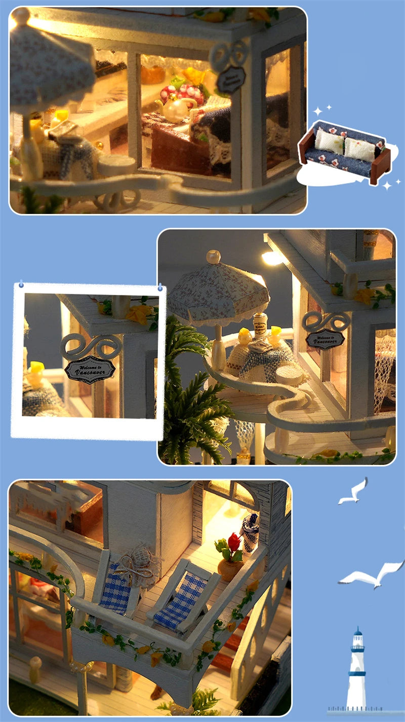 NEW DIY Wooden Mini Seaside Villa Miniature Building Kits Doll Houses With Furniture Casa Dollhouses for Friends Birthday Gifts