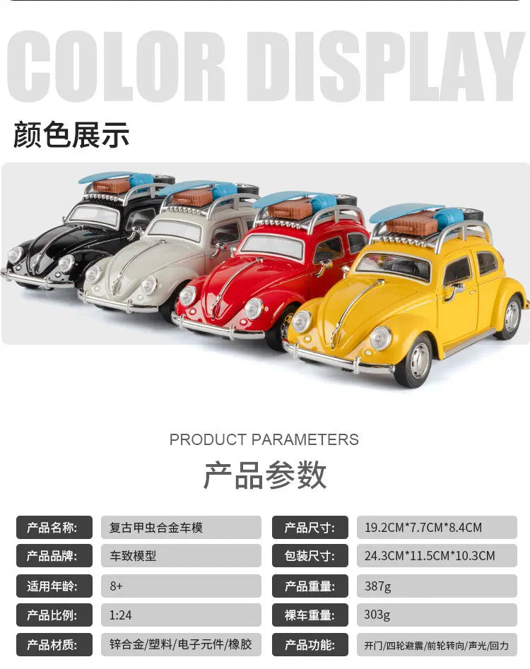 1:24 Beetle Travel Version Compact Sedan Alloy Metal Diecast Model Car Toy Car Classic Retro Cars Holiday