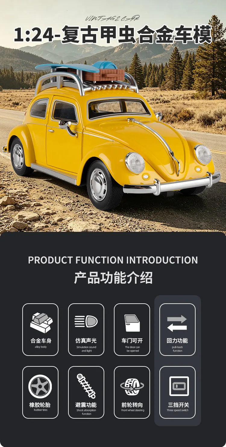 1:24 Beetle Travel Version Compact Sedan Alloy Metal Diecast Model Car Toy Car Classic Retro Cars Holiday