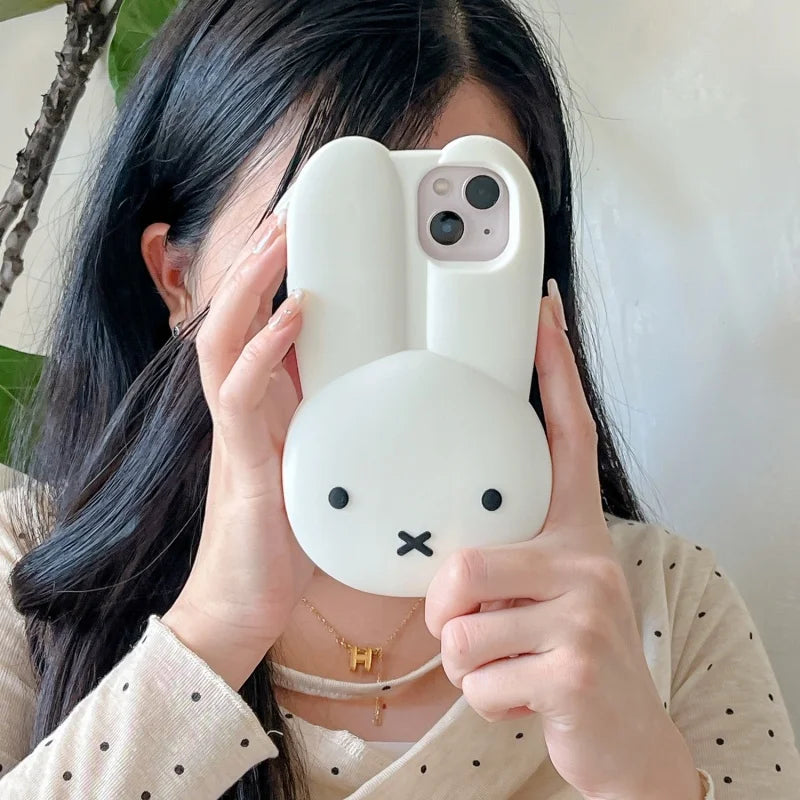 Funny Cartoon Cute long ear Miffy silicon Phone Case For iPhone 17 16 15 14 13 12 11 Pro Max Simple White Miffy Anti-drop Cover﻿