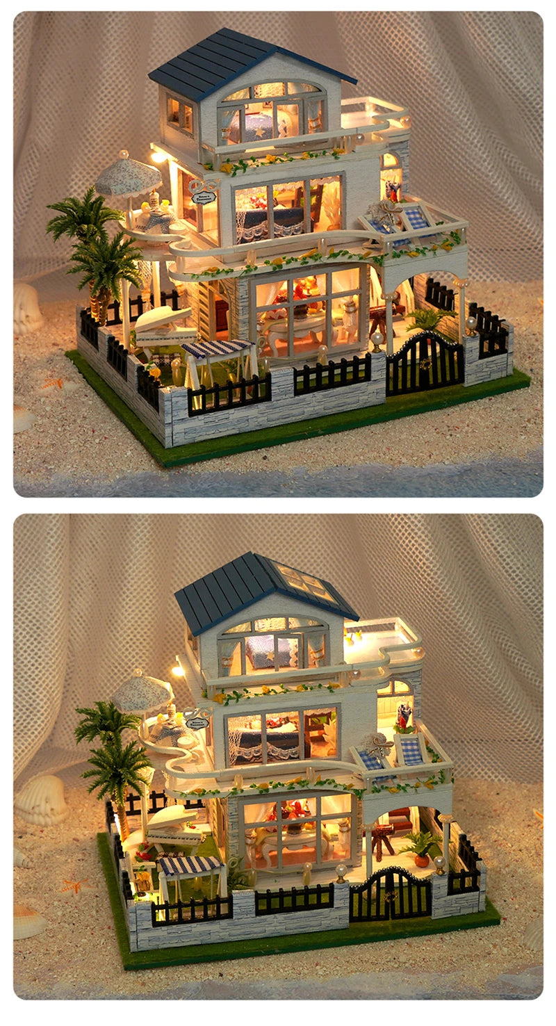 NEW DIY Wooden Mini Seaside Villa Miniature Building Kits Doll Houses With Furniture Casa Dollhouses for Friends Birthday Gifts
