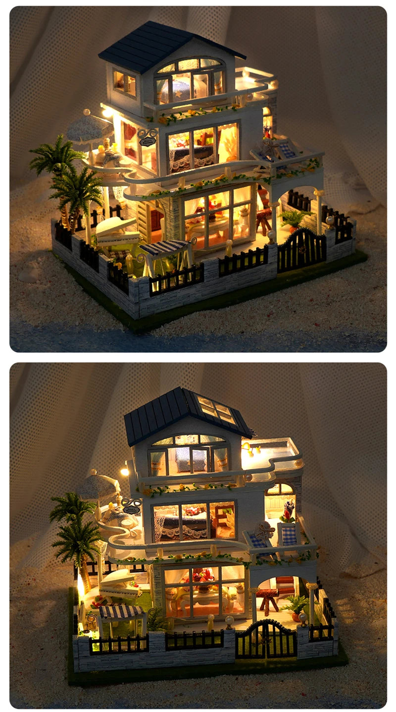 NEW DIY Wooden Mini Seaside Villa Miniature Building Kits Doll Houses With Furniture Casa Dollhouses for Friends Birthday Gifts