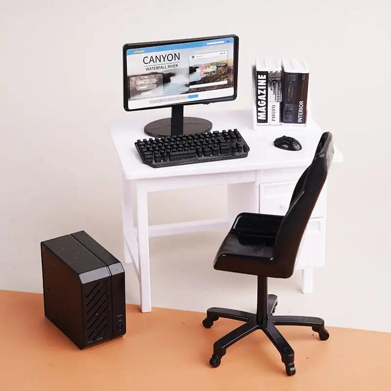 1 Set 1:12 Dollhouse Office Desk With Computer Miniature Workplace Scene Model For Kids Role Play Toys