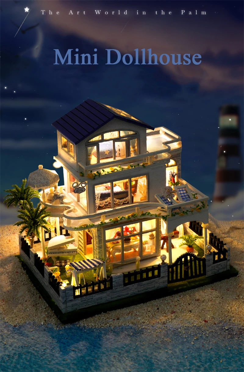 NEW DIY Wooden Mini Seaside Villa Miniature Building Kits Doll Houses With Furniture Casa Dollhouses for Friends Birthday Gifts
