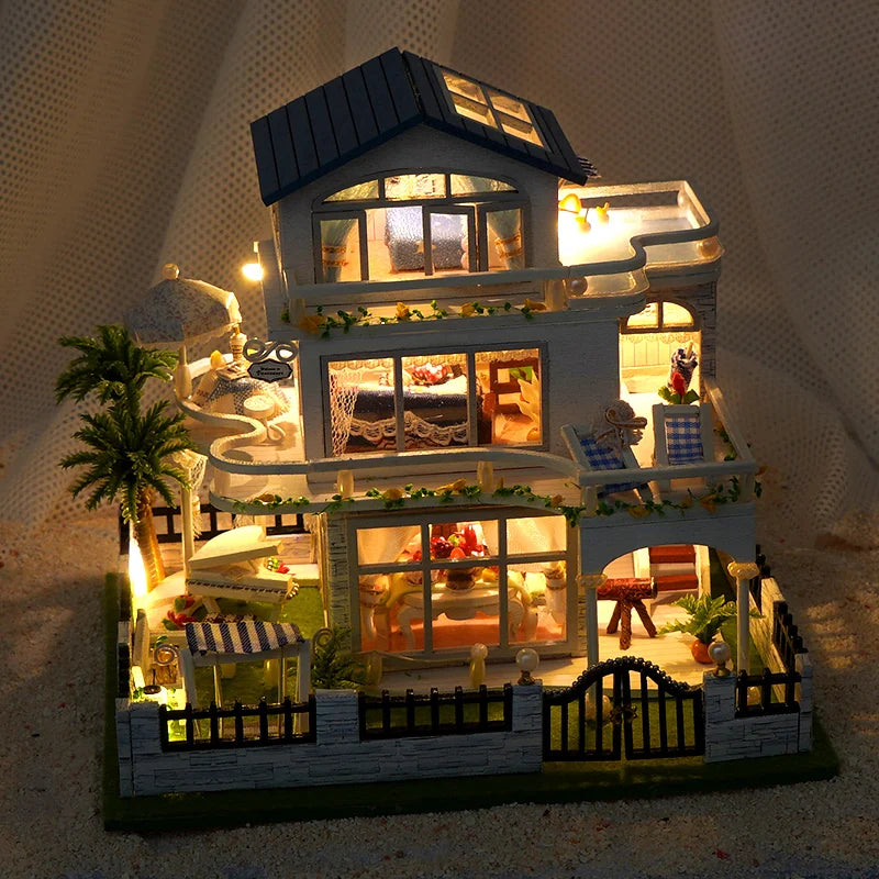 NEW DIY Wooden Mini Seaside Villa Miniature Building Kits Doll Houses With Furniture Casa Dollhouses for Friends Birthday Gifts