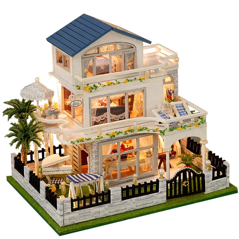 NEW DIY Wooden Mini Seaside Villa Miniature Building Kits Doll Houses With Furniture Casa Dollhouses for Friends Birthday Gifts