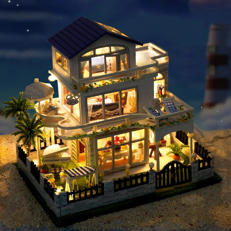 NEW DIY Wooden Mini Seaside Villa Miniature Building Kits Doll Houses With Furniture Casa Dollhouses for Friends Birthday Gifts