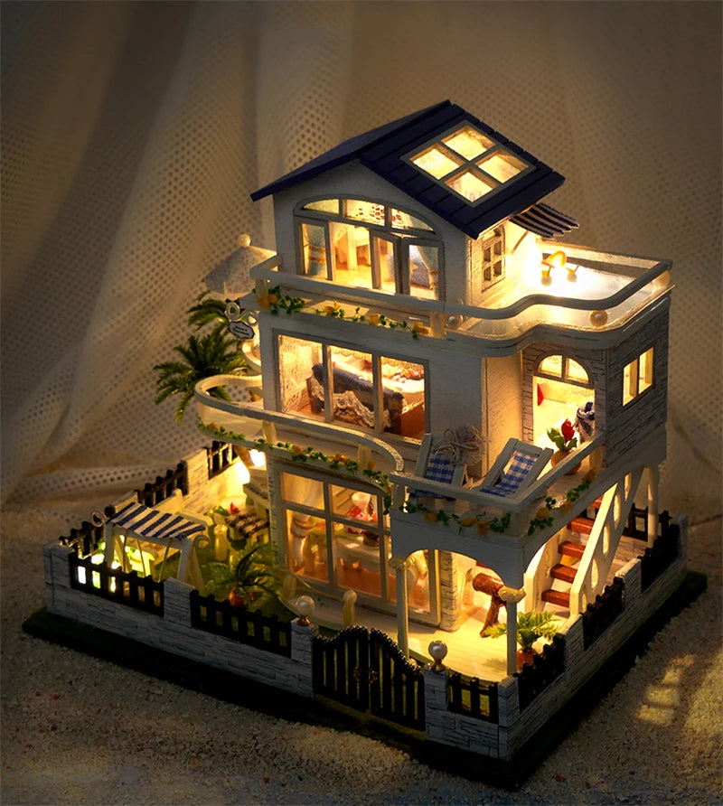 NEW DIY Wooden Mini Seaside Villa Miniature Building Kits Doll Houses With Furniture Casa Dollhouses for Friends Birthday Gifts
