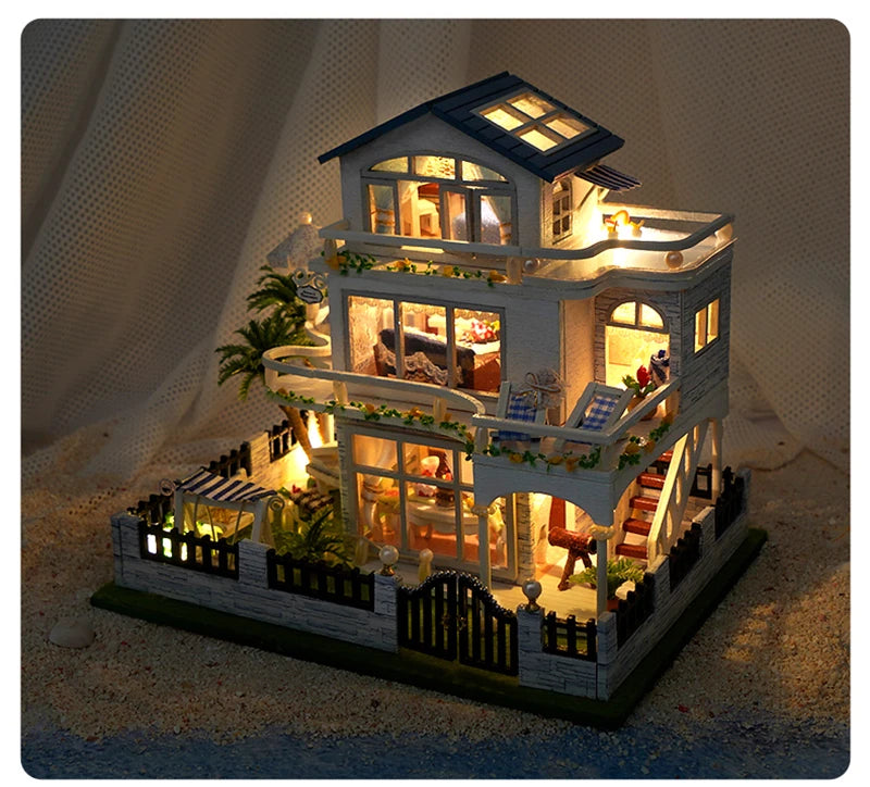 NEW DIY Wooden Mini Seaside Villa Miniature Building Kits Doll Houses With Furniture Casa Dollhouses for Friends Birthday Gifts