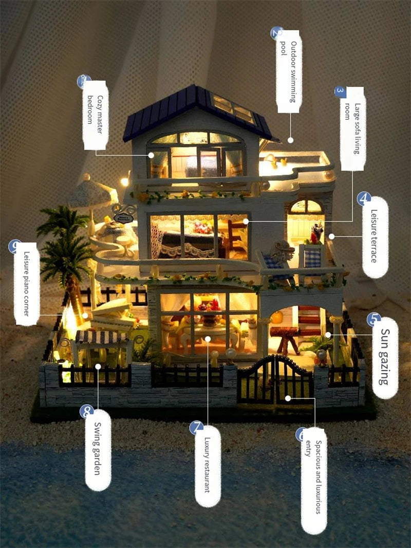 NEW DIY Wooden Mini Seaside Villa Miniature Building Kits Doll Houses With Furniture Casa Dollhouses for Friends Birthday Gifts