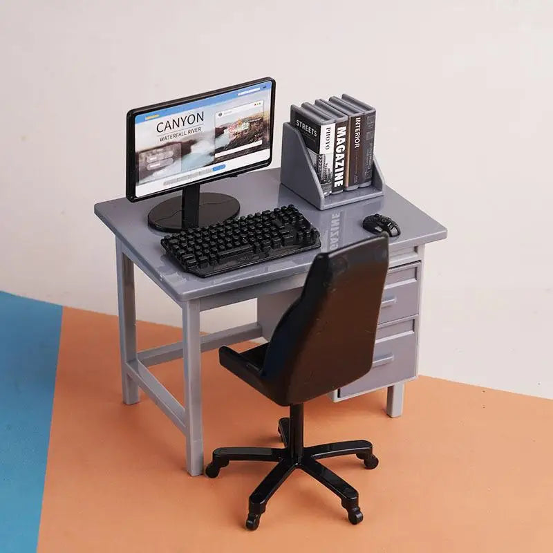 1 Set 1:12 Dollhouse Office Desk With Computer Miniature Workplace Scene Model For Kids Role Play Toys