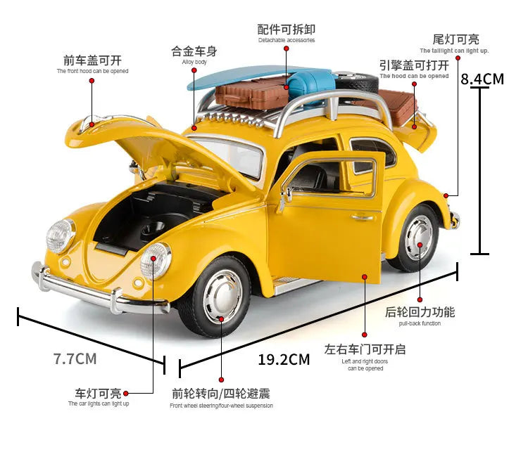 1:24 Beetle Travel Version Compact Sedan Alloy Metal Diecast Model Car Toy Car Classic Retro Cars Holiday