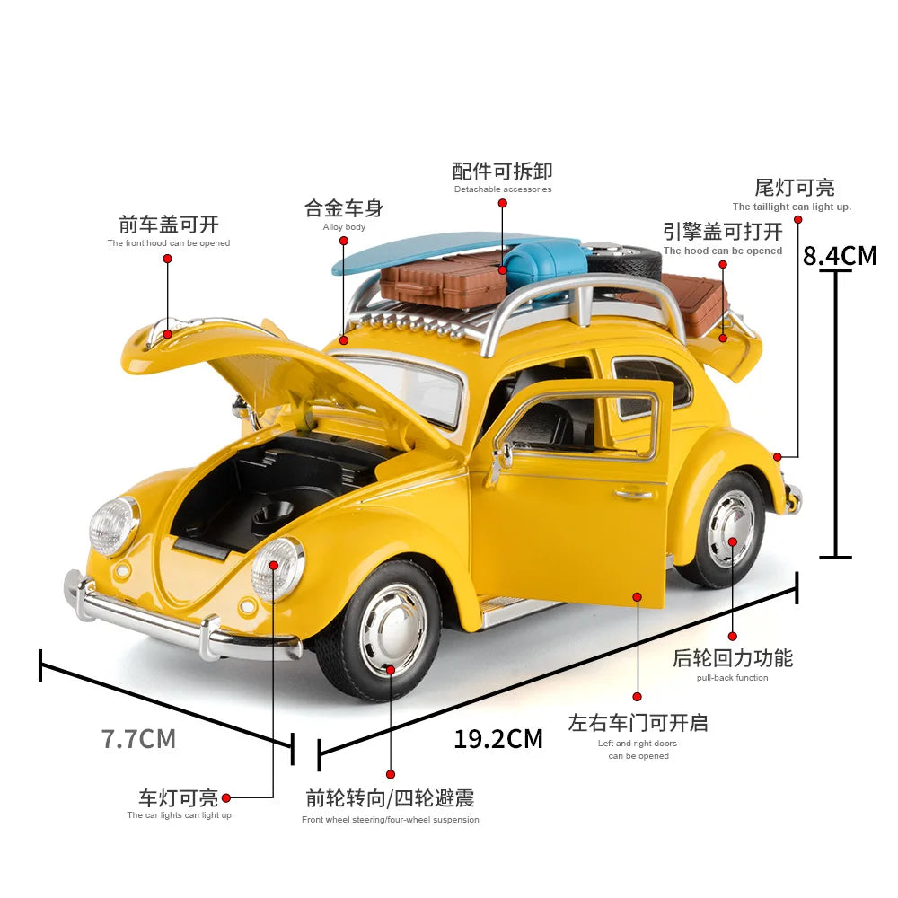 1:24 Beetle Travel Version Compact Sedan Alloy Metal Diecast Model Car Toy Car Classic Retro Cars Holiday