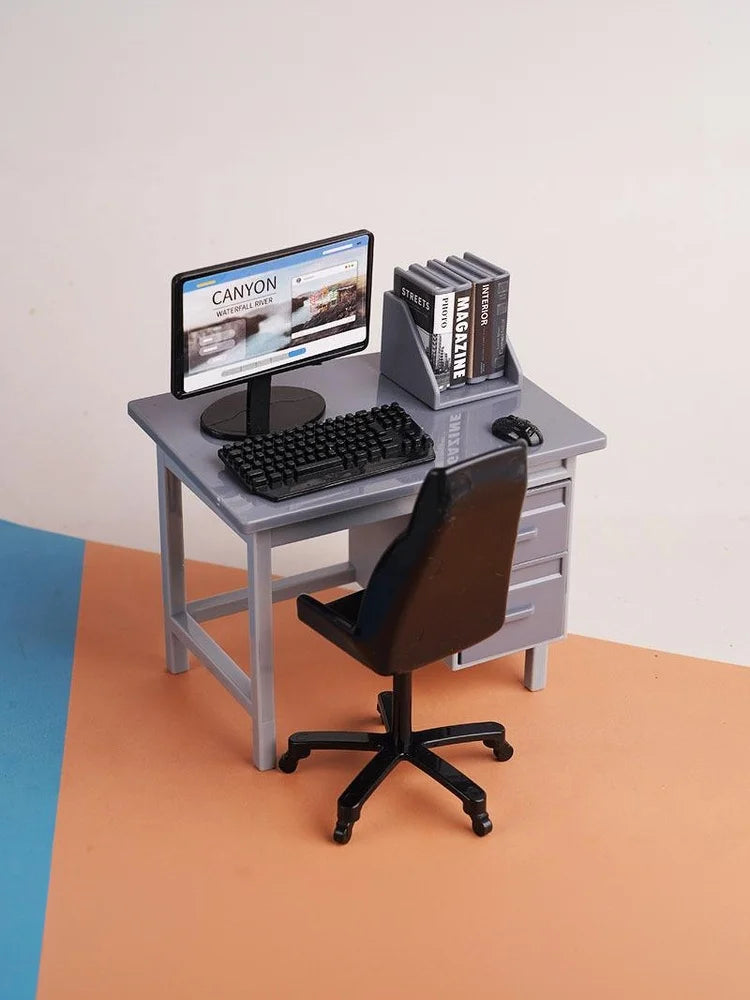 1 Set 1:12 Dollhouse Office Desk With Computer Miniature Workplace Scene Model For Kids Role Play Toys
