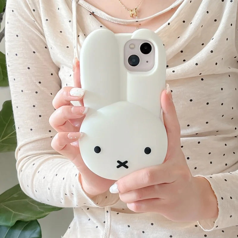 Funny Cartoon Cute long ear Miffy silicon Phone Case For iPhone 17 16 15 14 13 12 11 Pro Max Simple White Miffy Anti-drop Cover﻿