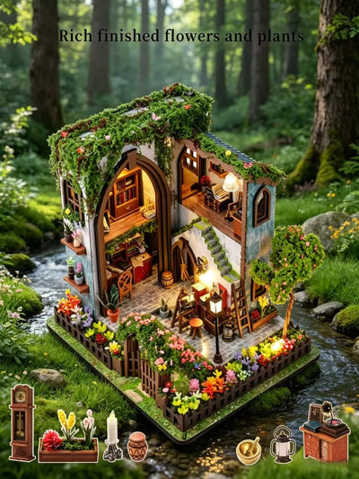Miniature Dollhouse Kit, DIY Mini House Making Kit with Furnitures and Light, Two Layers Loft Tiny House Kit